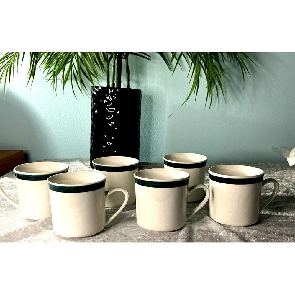 Retro Kitchen Diner Style Everyday 8 Oz. Cup White & Green Band  Set 6